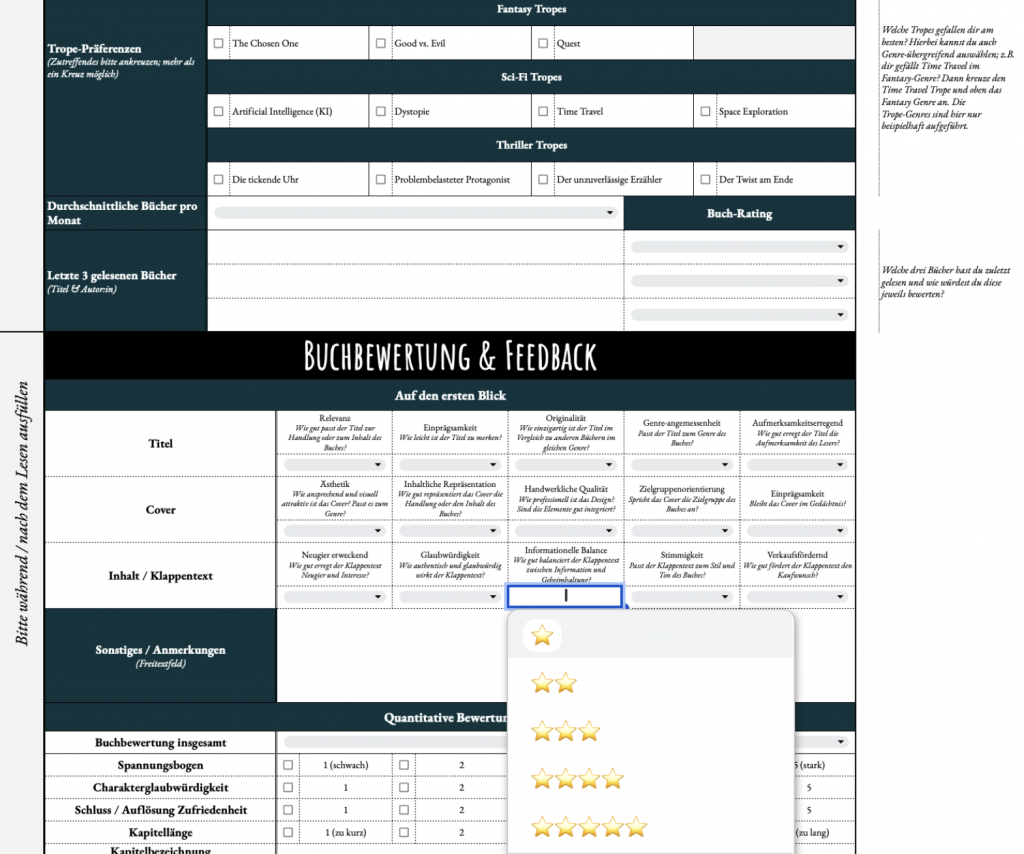 Bewertungsbogen für Testleser:innen