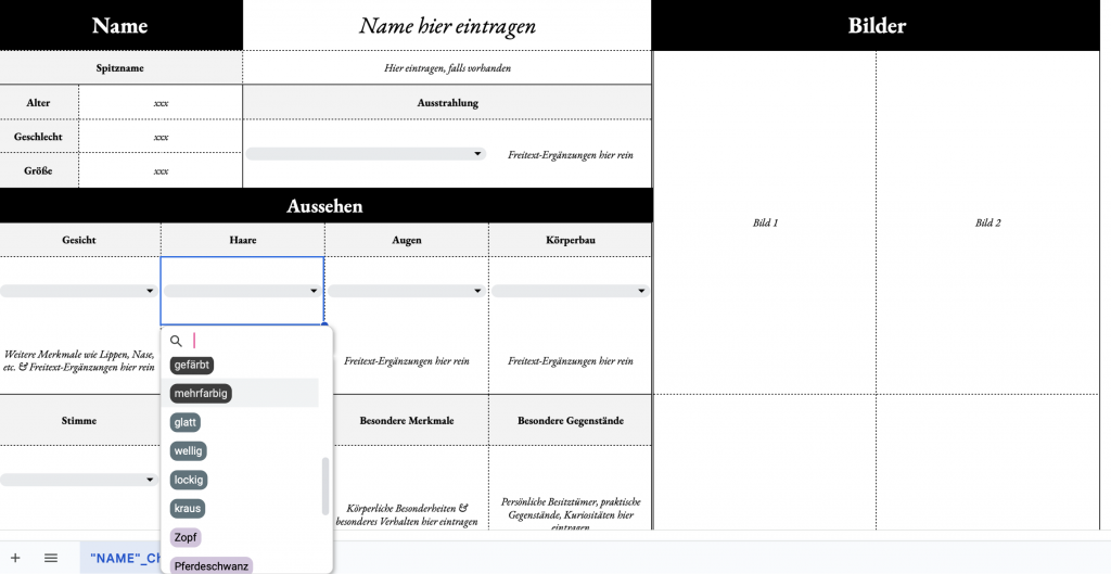 Buch schreiben: Charakterbogen erstellen Google Sheet Vorlage