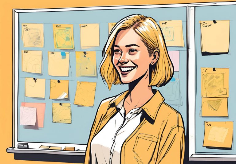 Richtig Roman plotten: KI generiertes Bild im Comic-Style. Frau mit blonden Haaren steht vor Whiteboard mit Post-its