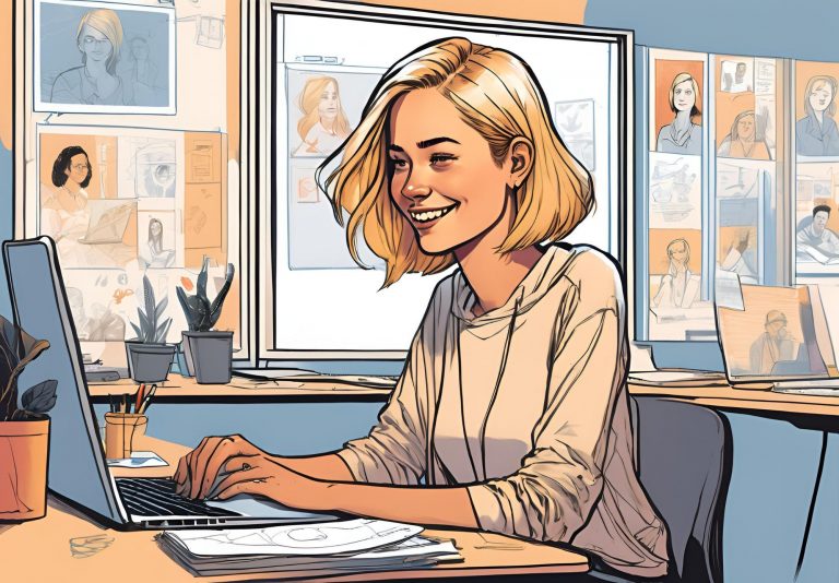 Charakterbogen erstellen: KI generiertes Bild im Comic-Style. Frau mit blonden Haaren sitzt an einem Schreibtisch und erstellt Charaktere