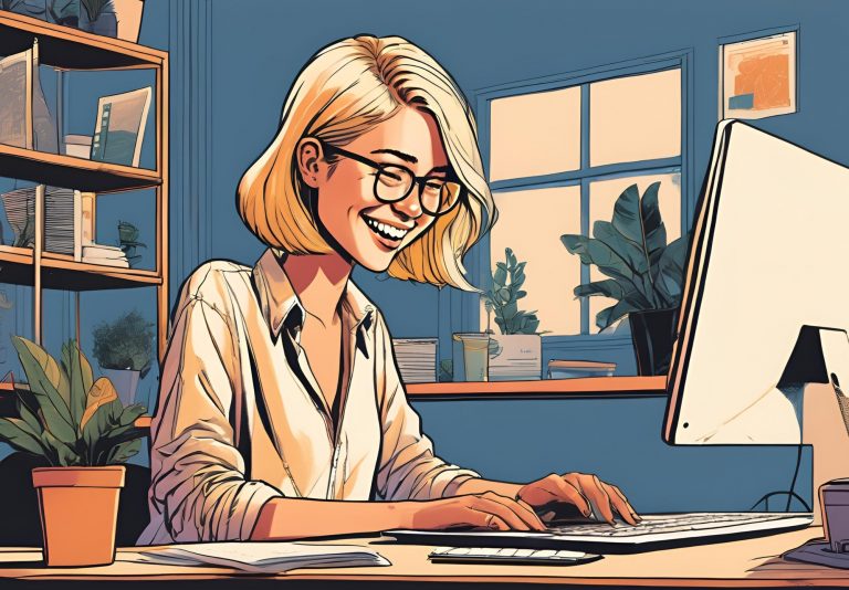 Buch schreiben: KI generiertes Bild im Comic-Style. Frau mit blonden Haaren sitzt an einem Laptop und schreibt