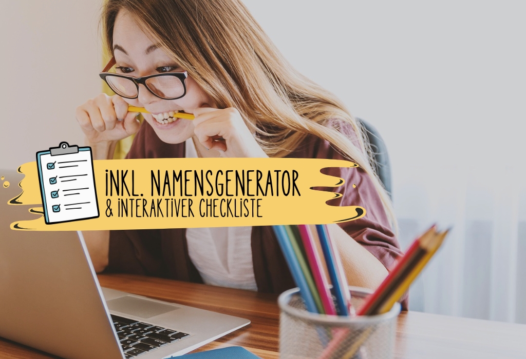 Namen für Charaktere: Frau sitzt vor Laptop und beißt frustriert auf einen Stift