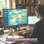 Eine junge Frau sitzt an einem Laptop / Monitor und macht Worldbuilding (KI-Hinweis)