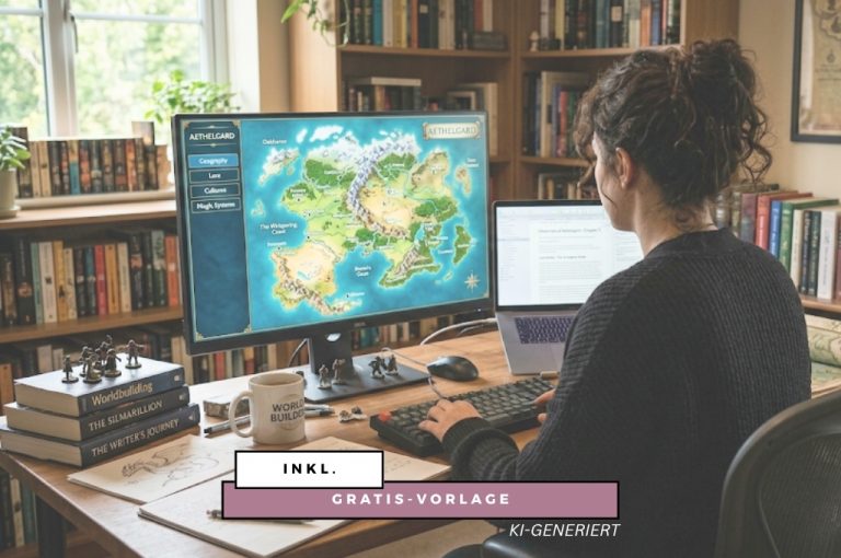 Eine junge Frau sitzt an einem Laptop / Monitor und macht Worldbuilding (KI-Hinweis)
