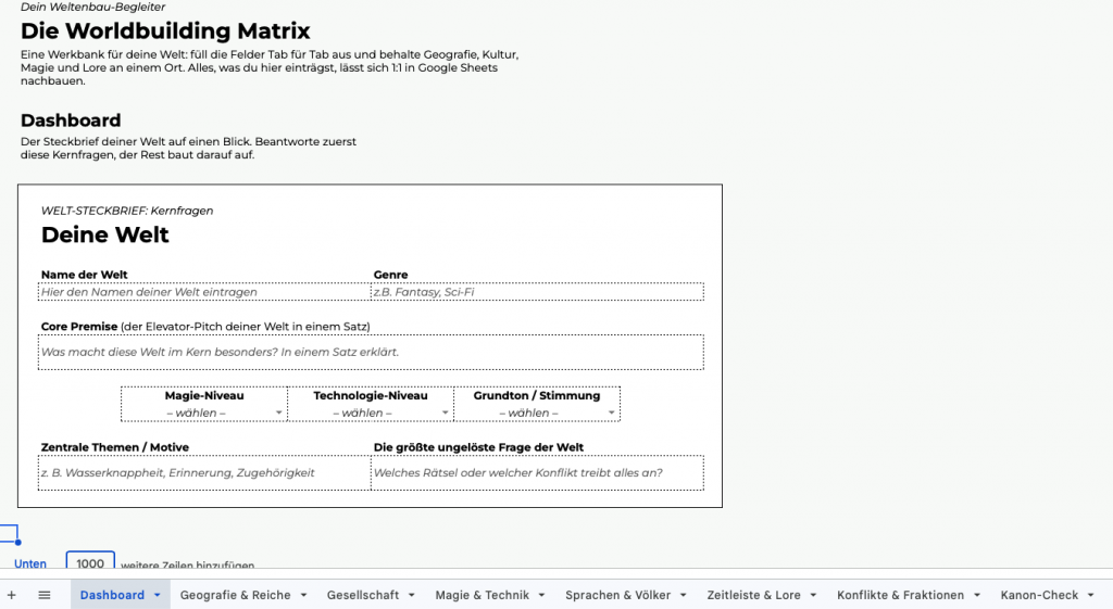 Worldbuilding Matrix Dashboard