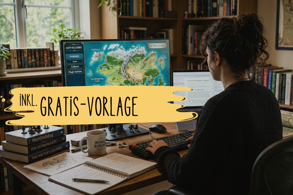 Eine junge Frau sitzt an einem Laptop / Monitor und macht Worldbuilding (KI-Hinweis)